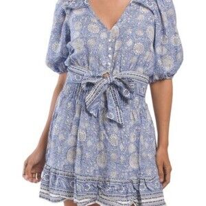 C&C California New‎ Size S Set Blouse Skirt Linen Blend Woven Printed Blue White